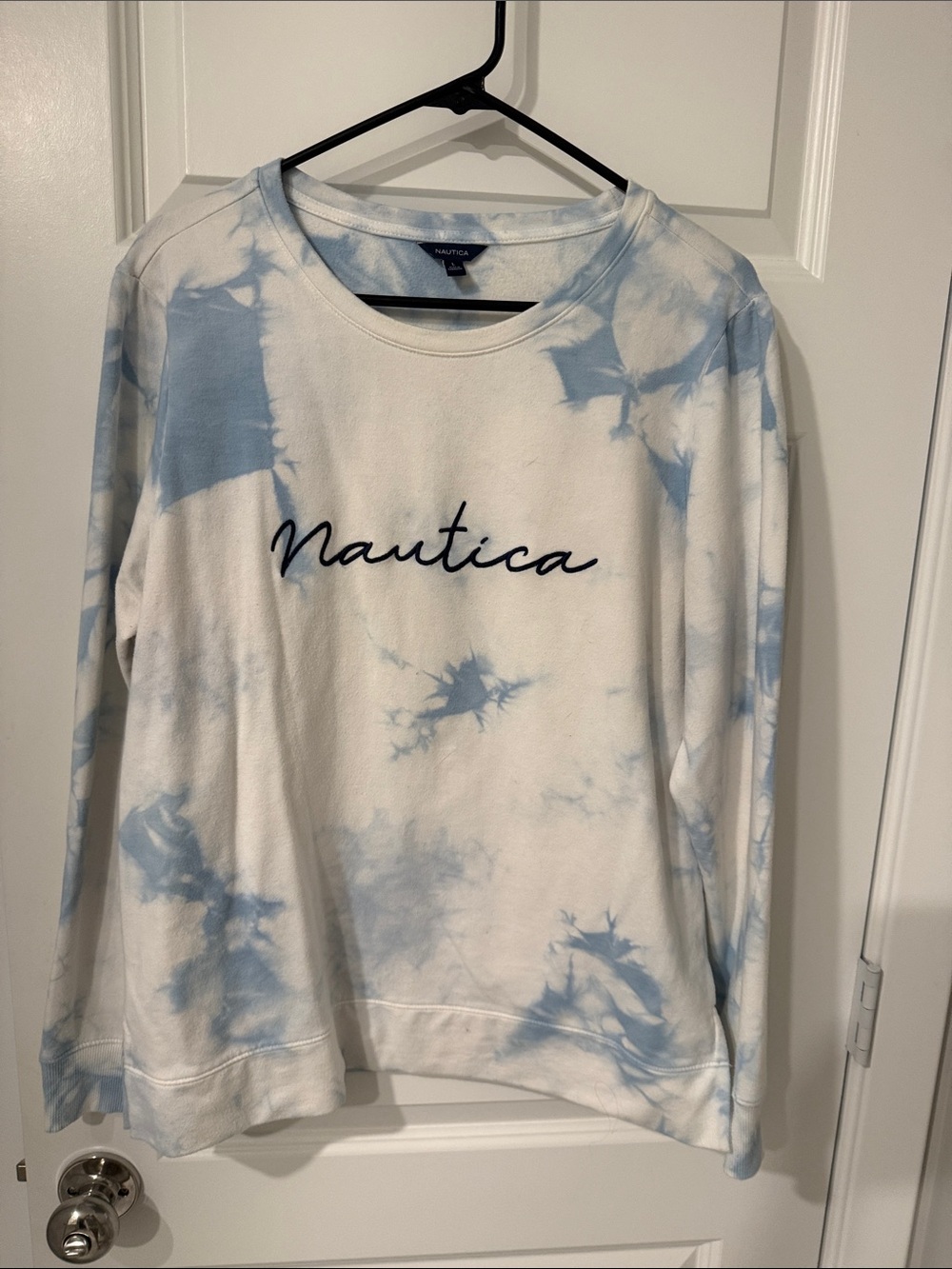 Nautica Light Blue & White Tie-Dye Pullover Sweatshirt Crew Neck Womens L large